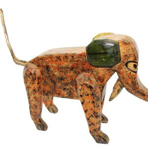 Vintage Elephant Sculpture Wood Carving Folk Art Hand Painted w/ Removable Tail